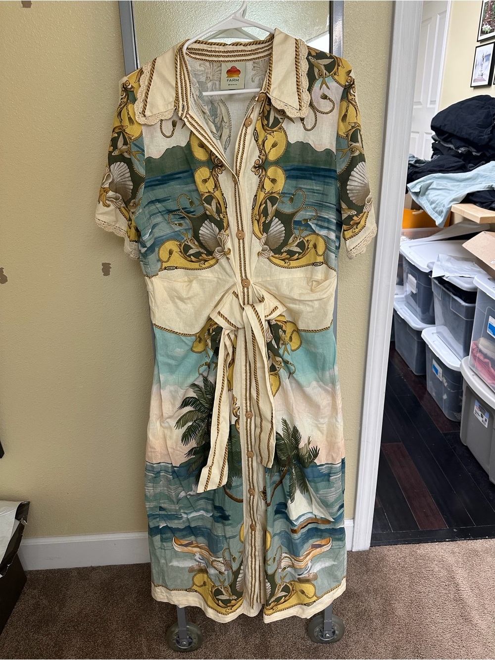 FARM Rio Teal, Cream & Yellow Coastal Print Maxi Dress